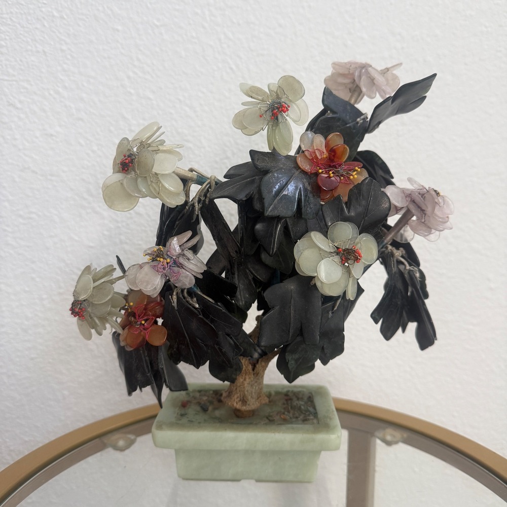 Vintage Chinese Jade Hardstone Bonsai Tree Rose Quartz Flower Sculpture 12in